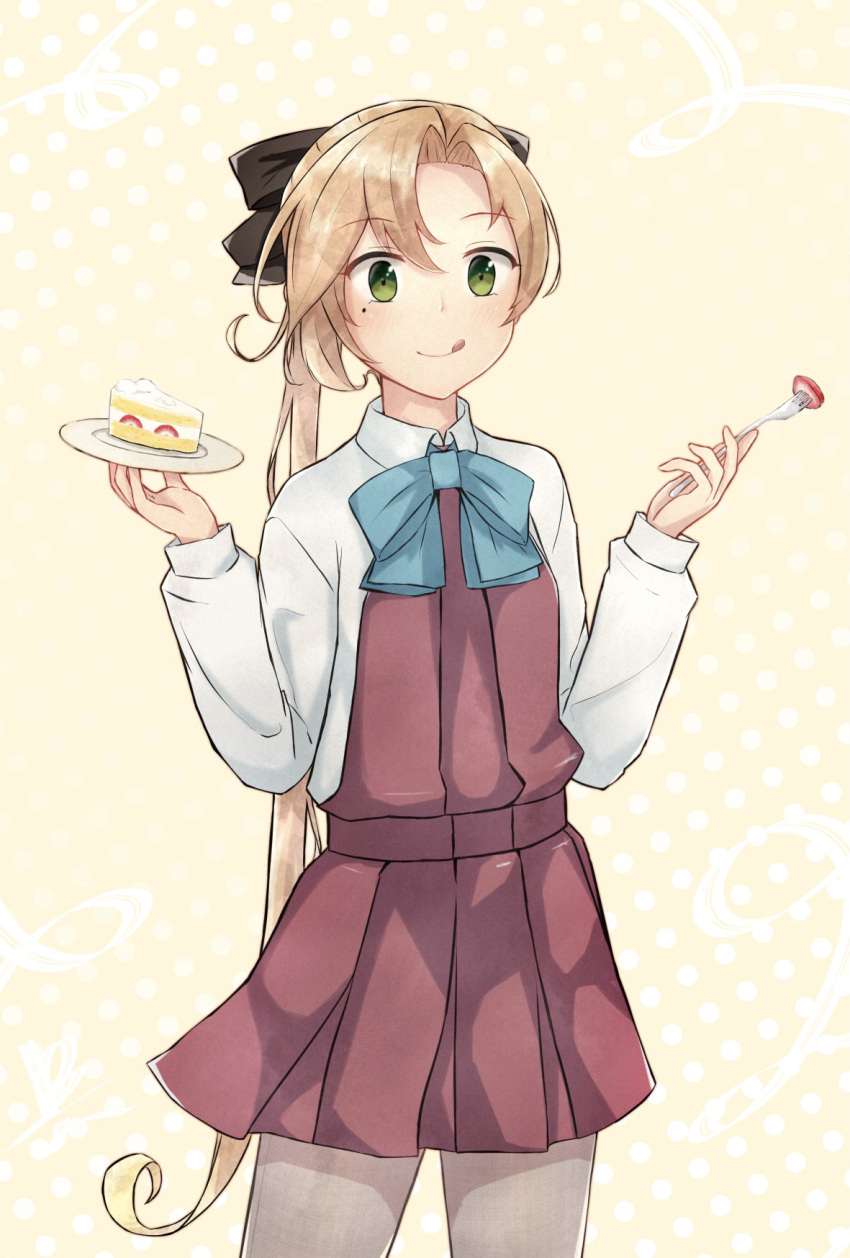 1girl akigumo_(kantai_collection) beige_background blue_neckwear bow bowtie brown_hair cake cake_slice commentary_request dress_shirt food fork green_eyes grey_legwear hair_ribbon halterneck highres kantai_collection kure_jirou long_hair looking_at_viewer mole mole_under_eye pantyhose polka_dot polka_dot_background ponytail ribbon school_uniform shirt solo standing strawberry_shortcake tongue tongue_out white_shirt