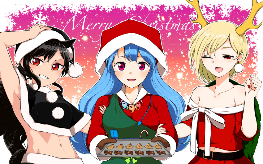 3girls absurdres animal_ears apron belt black_capelet black_hair black_headwear black_santa_costume black_tail black_wings blonde_hair blue_hair blush bow candy candy_cane capelet chisel collarbone cookie dragon_girl dragon_horns dragon_tail dress earrings english_text feathered_wings food green_apron hand_on_headwear haniwa_(statue) haniyasushin_keiki happy hat highres horns horse_ears horse_tail jewelry kaisenpurin kicchou_yachie kurokoma_saki long_hair magatama magatama_necklace merry_christmas midriff midriff_peek mittens multiple_girls navel off_shoulder open_mouth pegasus_wings red_dress red_eyes red_headwear red_shirt red_skirt santa_costume santa_hat shirt short_hair single_strap skirt tail touhou tray turtle_shell upper_body violet_eyes white_bow wily_beast_and_weakest_creature wings