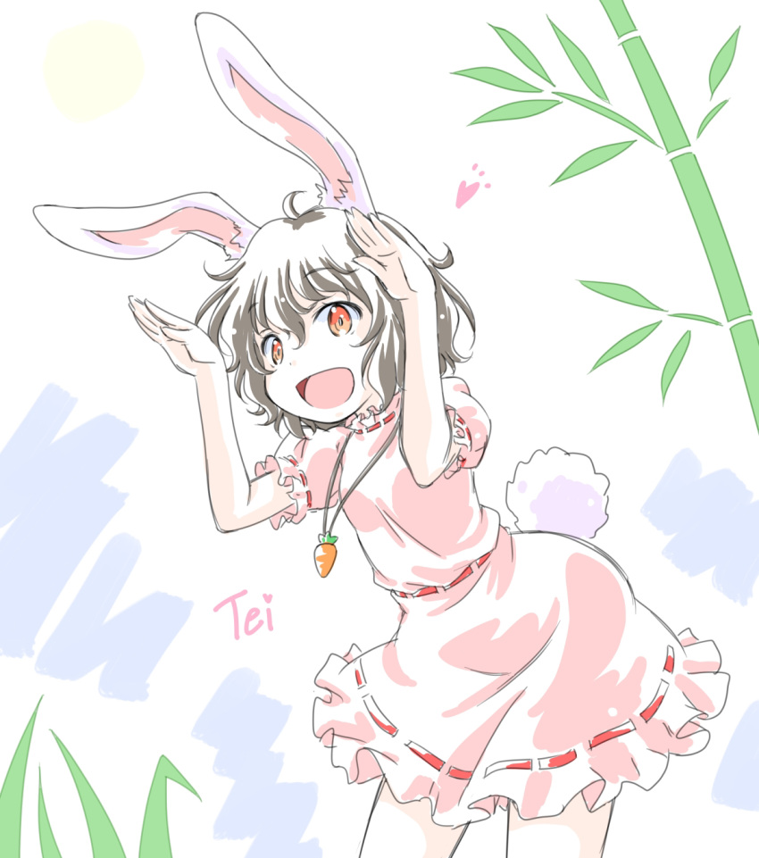 1girl :d animal_ears arms_up bamboo bangs black_hair bunny_pose bunny_tail carrot_necklace character_name commentary dress eyebrows_visible_through_hair frilled_dress frilled_sleeves frills highres inaba_tewi jewelry leaning_forward looking_at_viewer necklace open_mouth pink_dress puffy_short_sleeves puffy_sleeves rabbit_ears red_eyes ribbon-trimmed_dress seiran_(seiran49hsi) short_dress short_hair short_sleeves smile solo standing tail touhou wavy_hair
