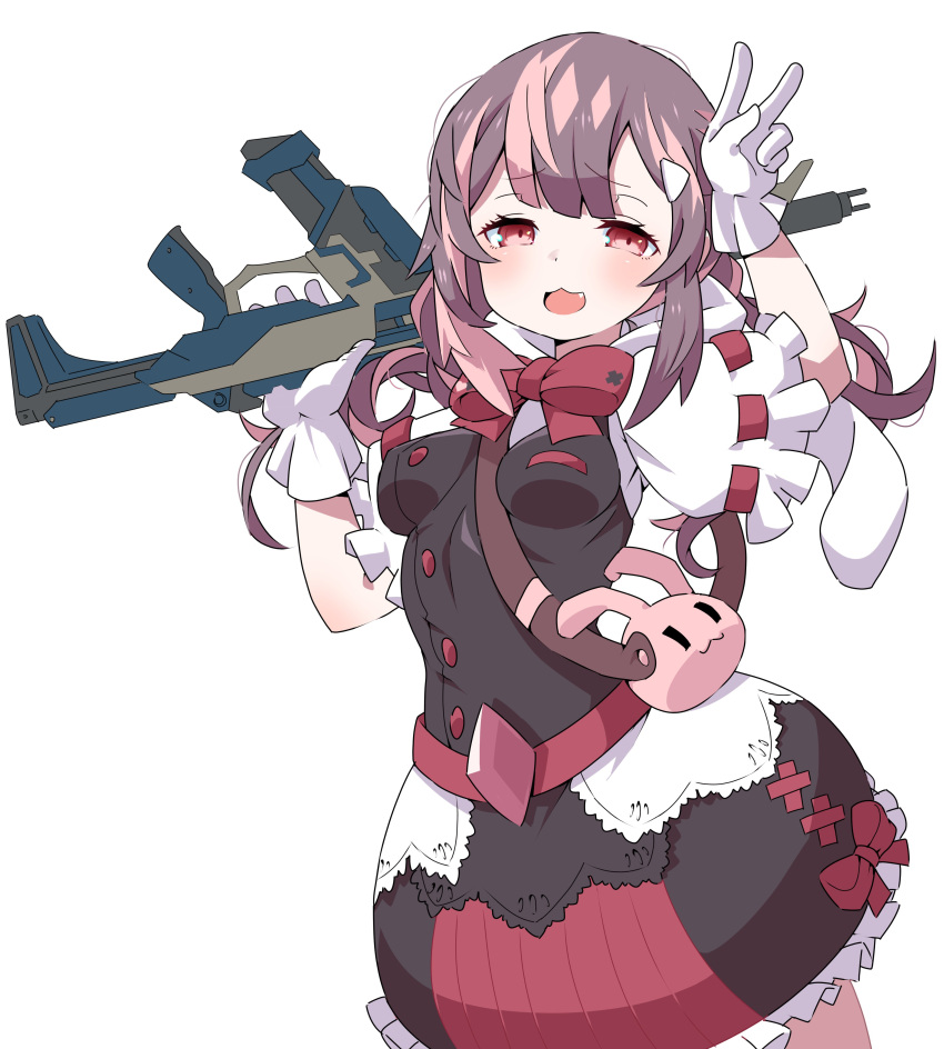 1girl :3 :d absurdres bad_id bad_twitter_id black_skirt black_vest blush bow bowtie breasts brown_hair bubble_skirt copyright_request cowboy_shot fang gloves gun hand_up highres holding holding_gun holding_weapon inukaze_yamu long_hair looking_at_viewer medium_breasts open_mouth puffy_short_sleeves puffy_sleeves red_bow red_eyes red_neckwear rifle shirt short_sleeves simple_background skirt smile solo standing v vest weapon white_background white_gloves white_shirt
