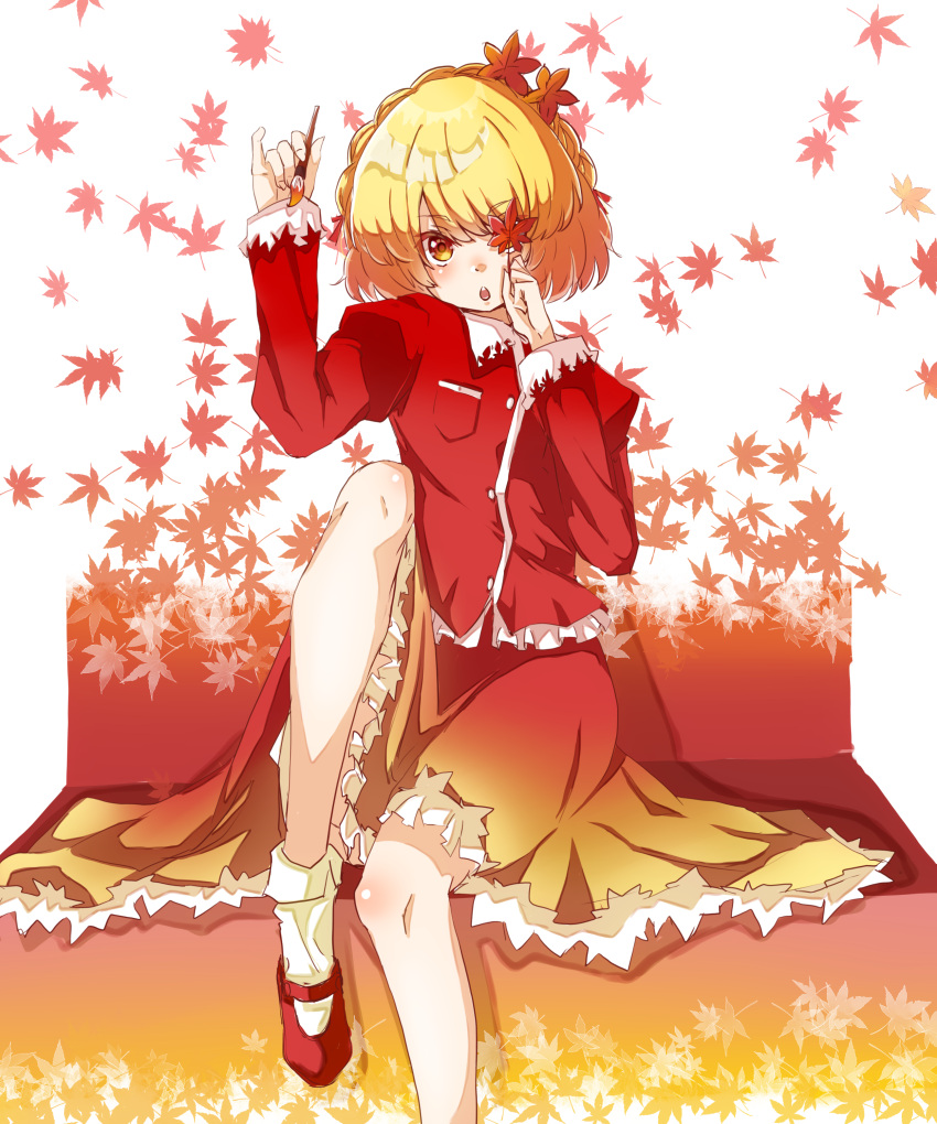 absurdres aki_shizuha arm_up autumn bangs blonde_hair blush bob_cut bobby_socks braid buttons collared_shirt commentary covering_one_eye eyebrows_visible_through_hair feet_out_of_frame frilled_shirt frilled_skirt frills gradient_skirt gumi_(fwjn7284) hand_up highres holding holding_leaf holding_paintbrush juliet_sleeves knee_up leaf leaf_background leaf_print long_skirt long_sleeves looking_at_viewer maple_leaf maple_leaf_print mary_janes multicolored multicolored_clothes multicolored_skirt open_mouth orange_eyes orange_skirt paintbrush pocket puffy_sleeves red_footwear red_shirt red_skirt shirt shoes short_hair sidelocks sitting skirt socks swept_bangs touhou white_background white_legwear yellow_eyes yellow_skirt