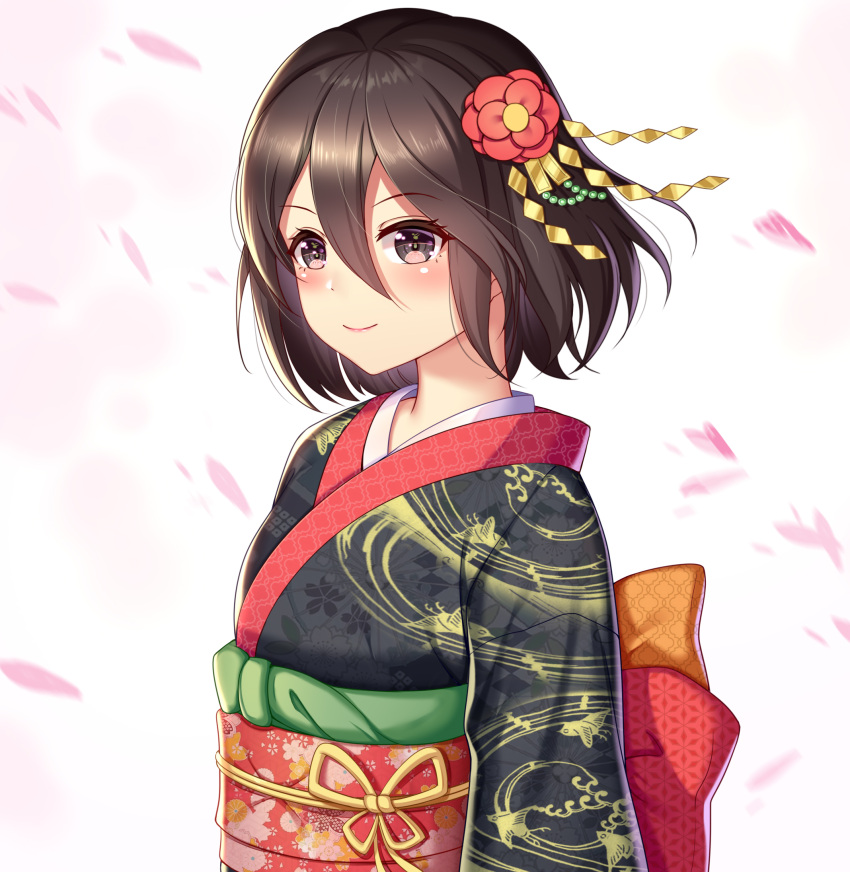 1girl bangs black_hair blush bob_cut brown_eyes cherry_blossoms closed_mouth eyebrows_visible_through_hair floral_print flower hair_between_eyes hair_flower hair_ornament hair_strand highres inaba_himeko japanese_clothes kensei_(ciid) kimono kokoro_connect light_smile looking_at_viewer looking_to_the_side obi obiage obijime petals pink_background red_flower sash short_hair solo upper_body wind