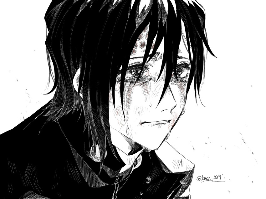 1boy bangs closed_mouth crying crying_with_eyes_open dirty dirty_face gakuran greyscale hair_between_eyes highres injury jacket jujutsu_kaisen kwon_0019 looking_away male_focus monochrome scar_on_forehead school_uniform short_hair simple_background solo tears twitter_username upper_body yoshino_junpei