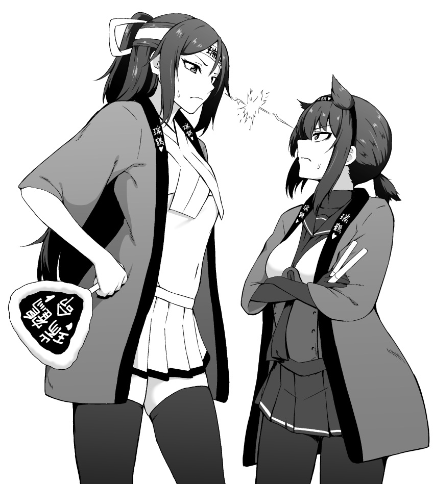 2girls absurdres alternate_costume black_hair black_legwear bodysuit hatsuzuki_(kantai_collection) height_difference highres kantai_collection katsuragi_(kantai_collection) long_hair monochrome multiple_girls navel short_hair simple_background standing staring takaman_(gaffe) twintails white_background