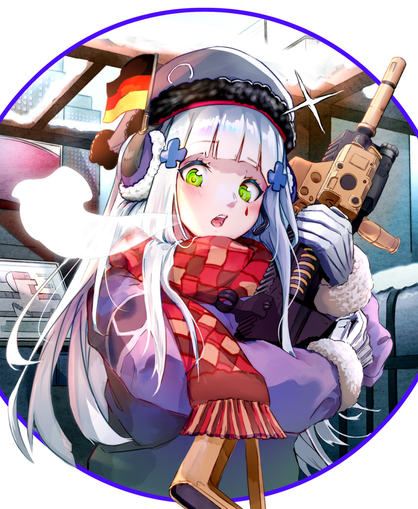 1girl assault_rifle bangs breath coat cold earmuffs facial_mark fur-trimmed_coat fur_trim german_flag girls_frontline gloves green_eyes gun h&amp;k_hk416 hair_ornament hat headset highres hk416_(girls_frontline) holding holding_weapon long_hair looking_at_viewer mitsuaji_lime object_hug open_mouth purple_coat red_scarf rifle scarf silver_hair solo teardrop weapon