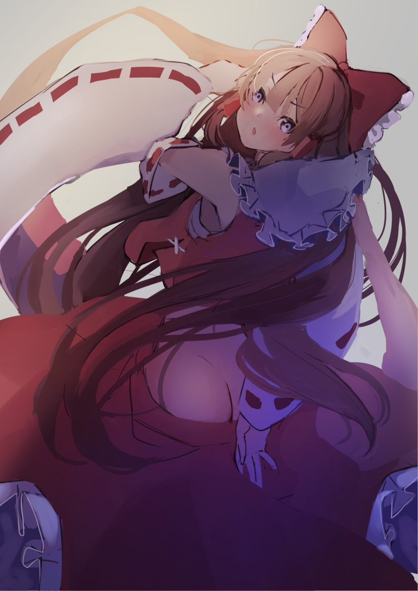 1girl :o arm_behind_back armpit_peek ass blue_eyes blush bow brown_hair butt_crack commentary_request cross-laced_clothes detached_sleeves feet_out_of_frame from_behind gradient gradient_background grey_background hair_bow hair_tubes hakurei_reimu highres long_hair looking_at_viewer looking_back petticoat red_bow red_skirt red_vest ribbon-trimmed_sleeves ribbon_trim sarashi simple_background skirt solo touhou tsushi v-shaped_eyebrows very_long_hair vest wardrobe_malfunction wide_sleeves