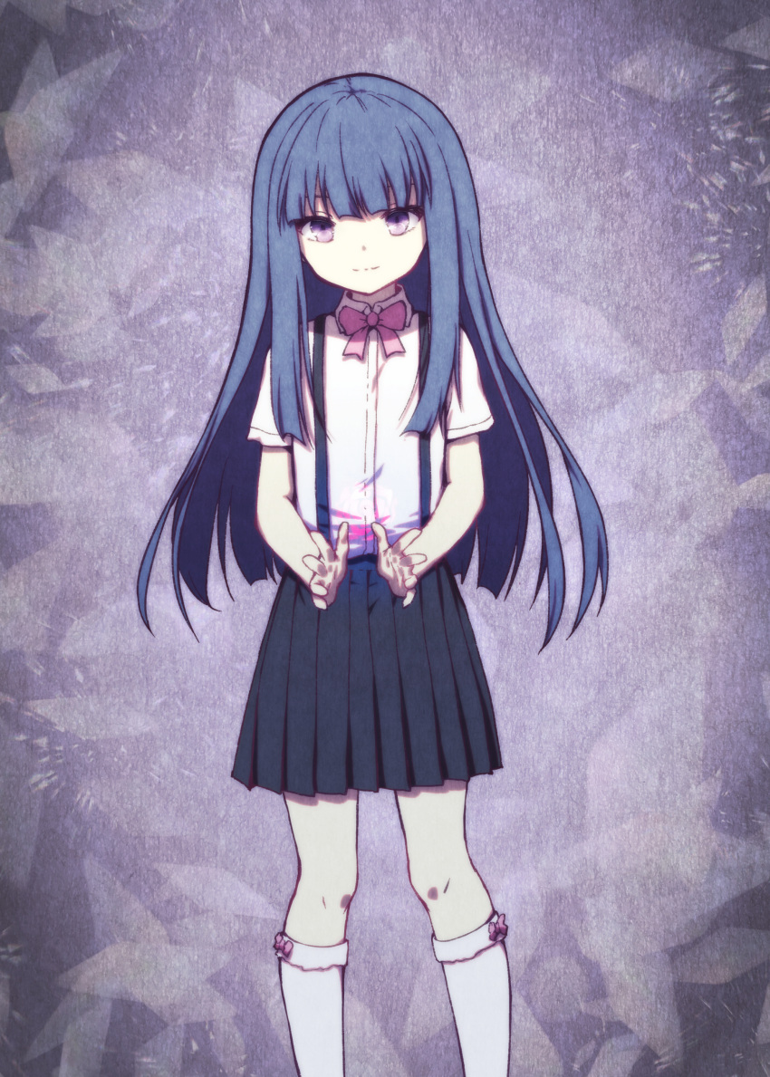 1girl absurdres bangs black_skirt blue_hair bow closed_mouth eyebrows_behind_hair furude_rika hazumi_otoya highres higurashi_no_naku_koro_ni hime_cut long_hair pink_bow pleated_skirt purple_background school_uniform shirt short_sleeves skirt smile socks solo standing straight_hair suspender_skirt suspenders violet_eyes white_legwear white_shirt