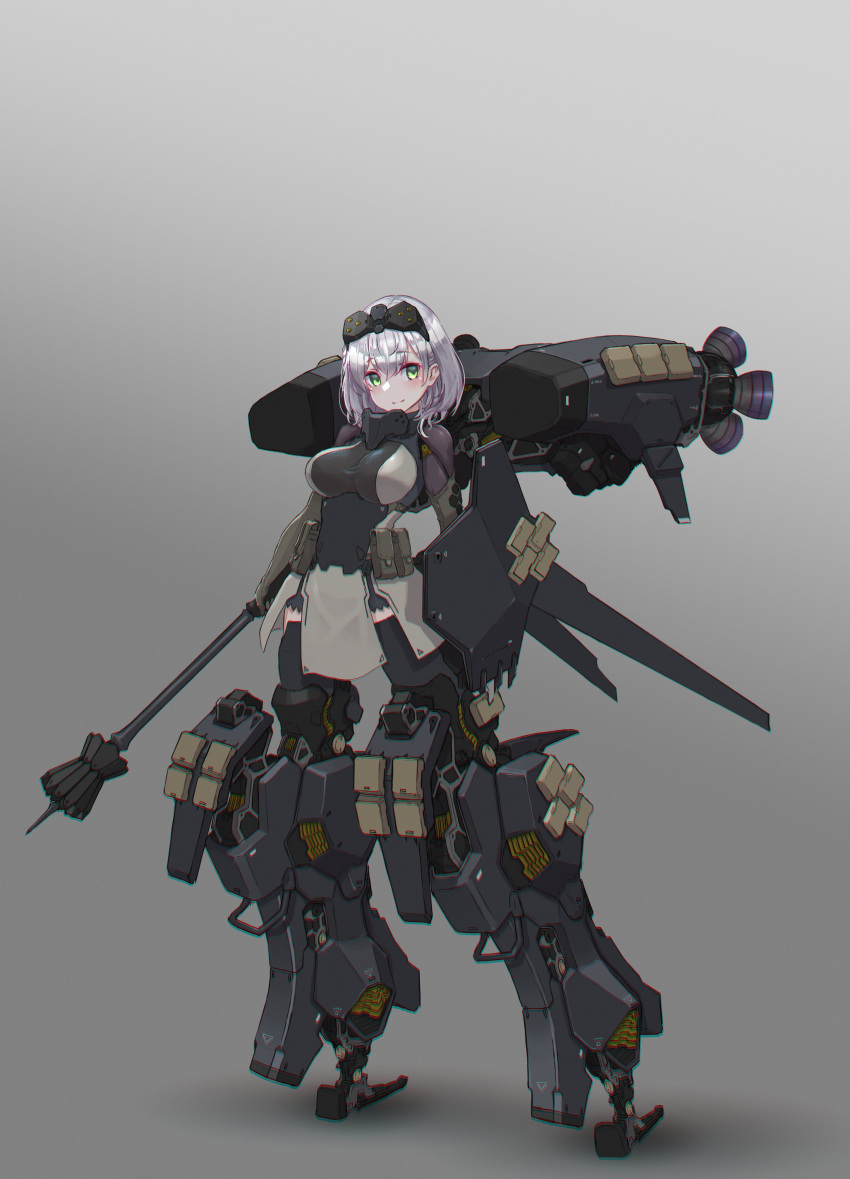 1girl absurdres bodysuit breasts eyewear_on_head gradient gradient_background green_eyes head_tilt highres holding holding_weapon hololive large_breasts leaning_back looking_to_the_side mace mecha_musume oota_youjo science_fiction shirogane_noel short_hair silver_hair solo standing thigh-highs virtual_youtuber weapon