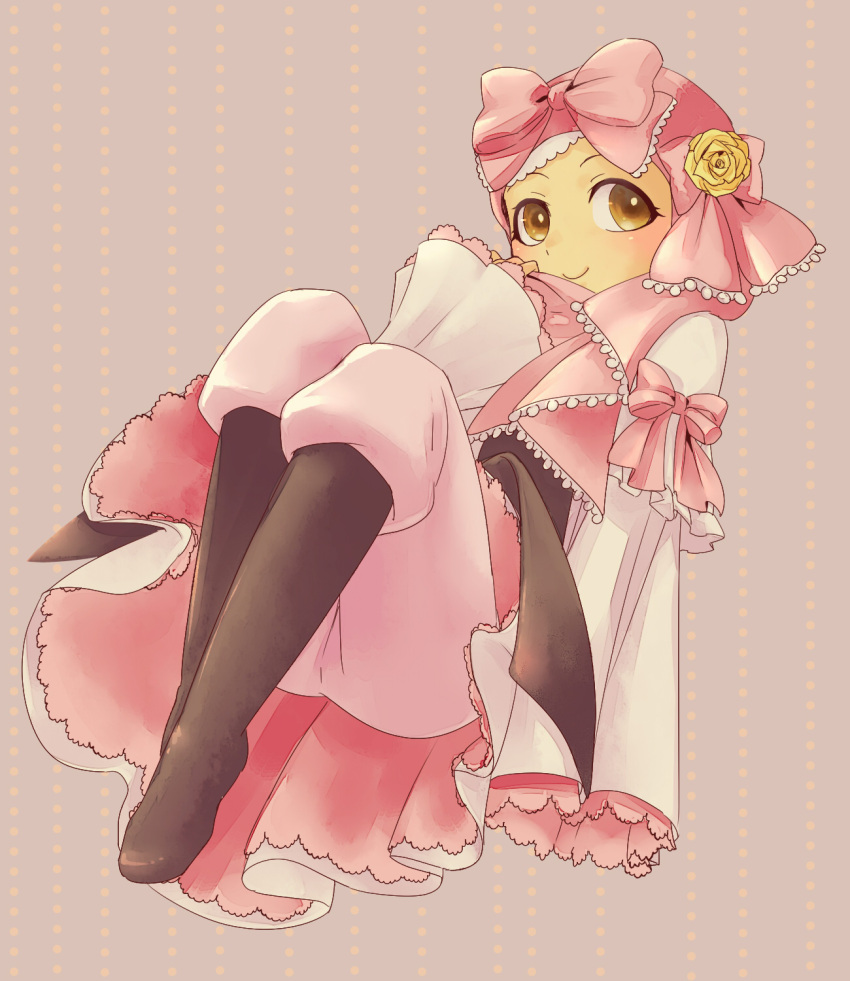 1girl boots bow brown_eyes brown_footwear ciconia_no_naku_koro_ni closed_mouth flower frilled_bow frilled_sleeves frills highres hijab hiwomushi long_sleeves naima_(ciconia) pants pink_bow pink_clothes pink_pants pink_theme rose sleeves_past_wrists smile solo yellow_flower yellow_rose