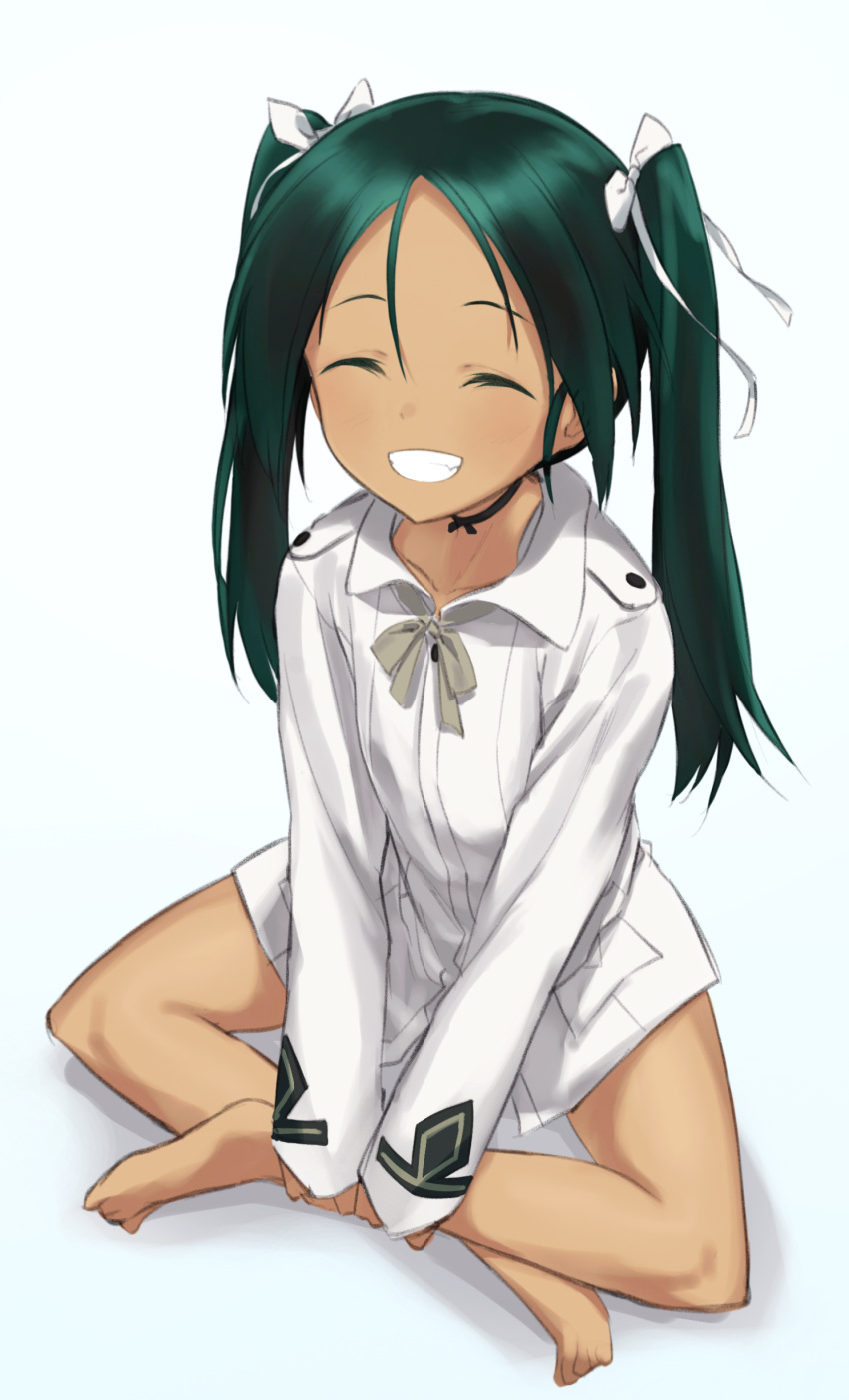 1girl absurdres bangs barefoot black_choker black_hair bow choker closed_eyes facing_viewer fang fankupl francesca_lucchini full_body grey_ribbon grin hair_bow highres indian_style jacket light_blush long_sleeves medium_hair military military_uniform neck_ribbon no_pants ribbon ribbon_choker sitting smile solo strike_witches tan twintails uniform v_arms white_bow white_jacket world_witches_series