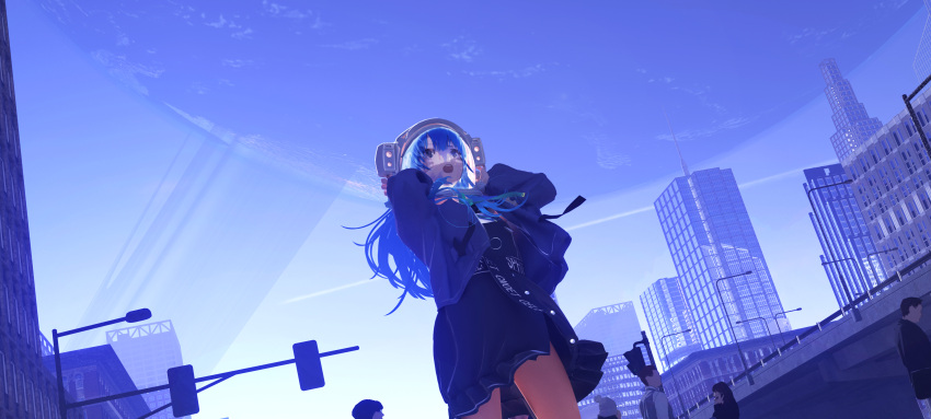 1girl absurdres bangs black_dress blue_eyes blue_hair blue_jacket dress from_above helmet highres holding holding_helmet hololive hoshimachi_suisei jacket lamppost leggings looking_up open_mouth orange_legwear planet solo_focus tacshojosora virtual_youtuber