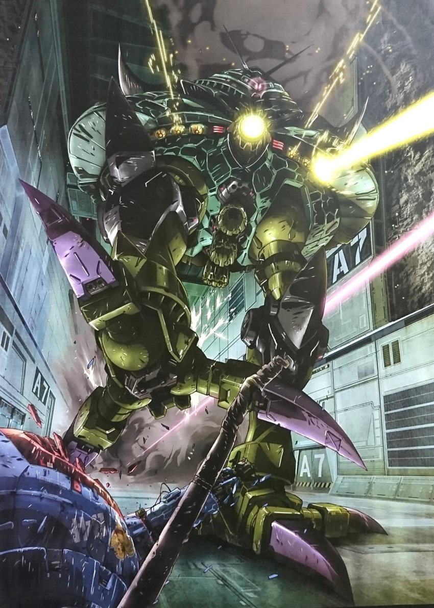 ball_(gundam) big_zam from_above glowing glowing_eyes gundam highres laser looking_down mecha mobile_suit_gundam no_arms no_humans one-eyed pink_eyes science_fiction solo teraoka_iwao walking zeon