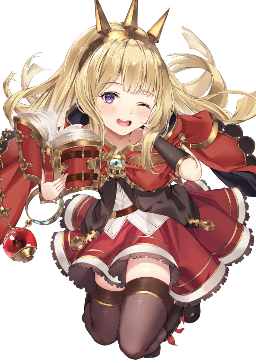 1girl :d bangs black_legwear blonde_hair blush book breasts cagliostro_(granblue_fantasy) cape crown detached_sleeves dress frills granblue_fantasy hairband hand_on_own_cheek hand_on_own_face highres holding holding_book jewelry long_hair long_sleeves looking_at_viewer one_eye_closed open_mouth red_cape red_dress sg_(satoumogumogu) simple_background skirt small_breasts smile solo thigh-highs upper_teeth violet_eyes white_background zettai_ryouiki