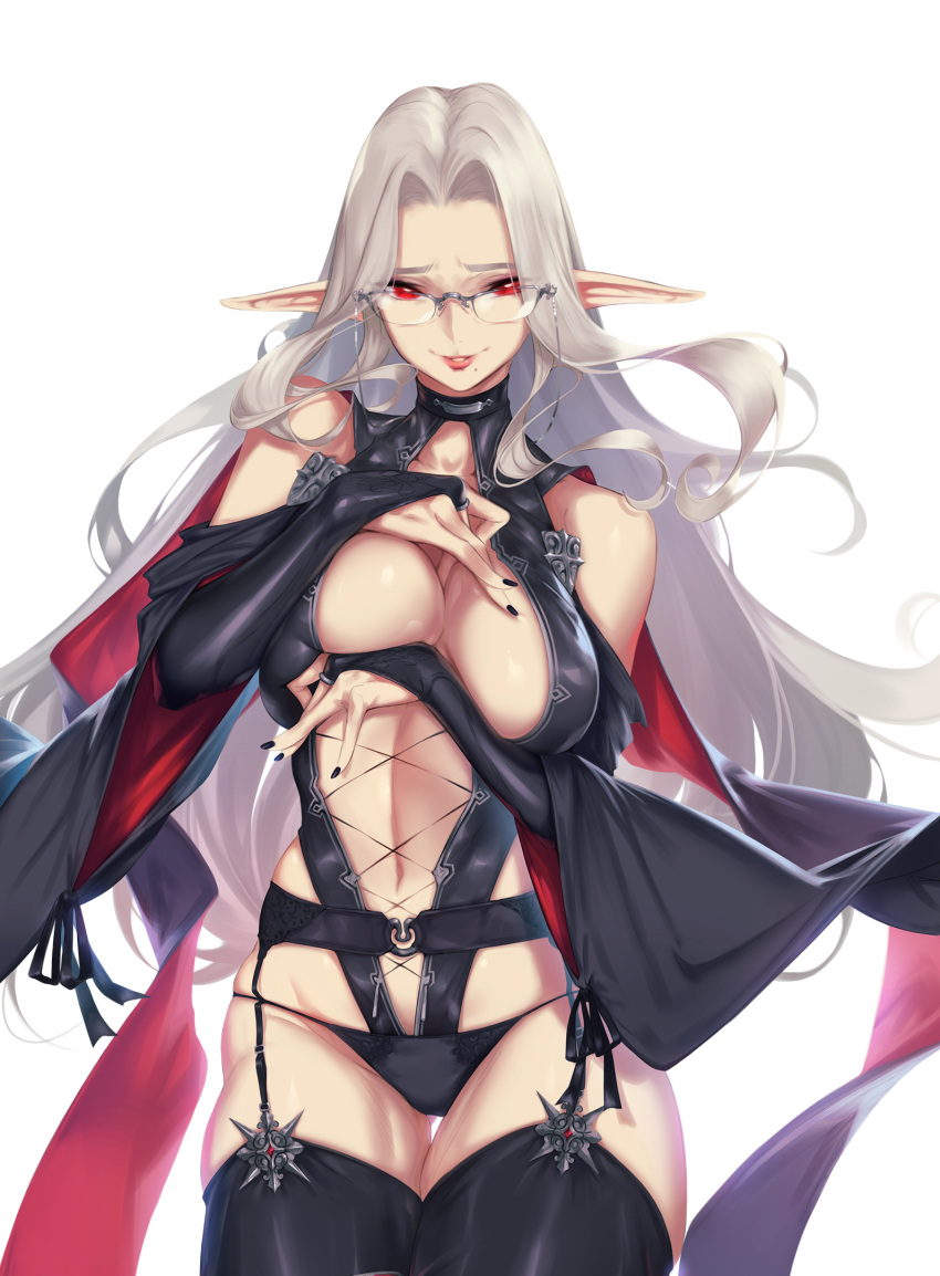 1girl bare_shoulders black_legwear black_nails black_panties blueorca breasts bridal_gauntlets cropped eyes_visible_through_hair fingernails garter_belt glasses grey_hair highres long_hair mole mole_under_mouth navel original panties parted_lips pink_lips pointy_ears red_eyes simple_background skindentation smile solo underwear white_background