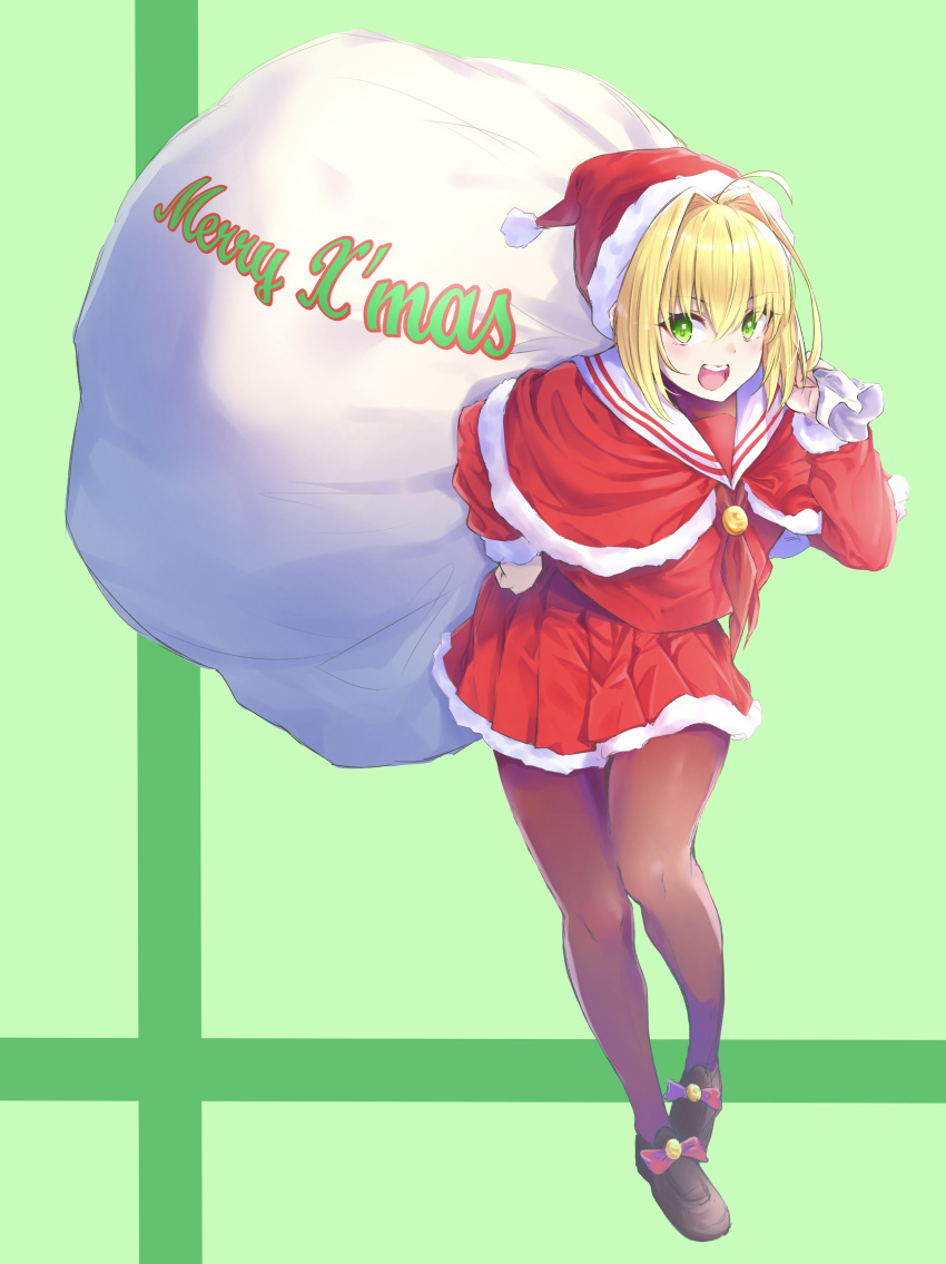 1girl :d absurdres ahoge alternate_costume bangs blonde_hair breasts capelet christmas commentary_request fate/extra fate_(series) full_body fur-trimmed_headwear fur_trim green_background green_eyes hat highres holding holding_sack long_sleeves looking_at_viewer m.tokotsu merry_christmas nero_claudius_(fate) nero_claudius_(fate)_(all) open_mouth over_shoulder pantyhose pleated_skirt red_capelet red_headwear red_skirt sack santa_costume santa_hat short_hair skirt smile solo standing