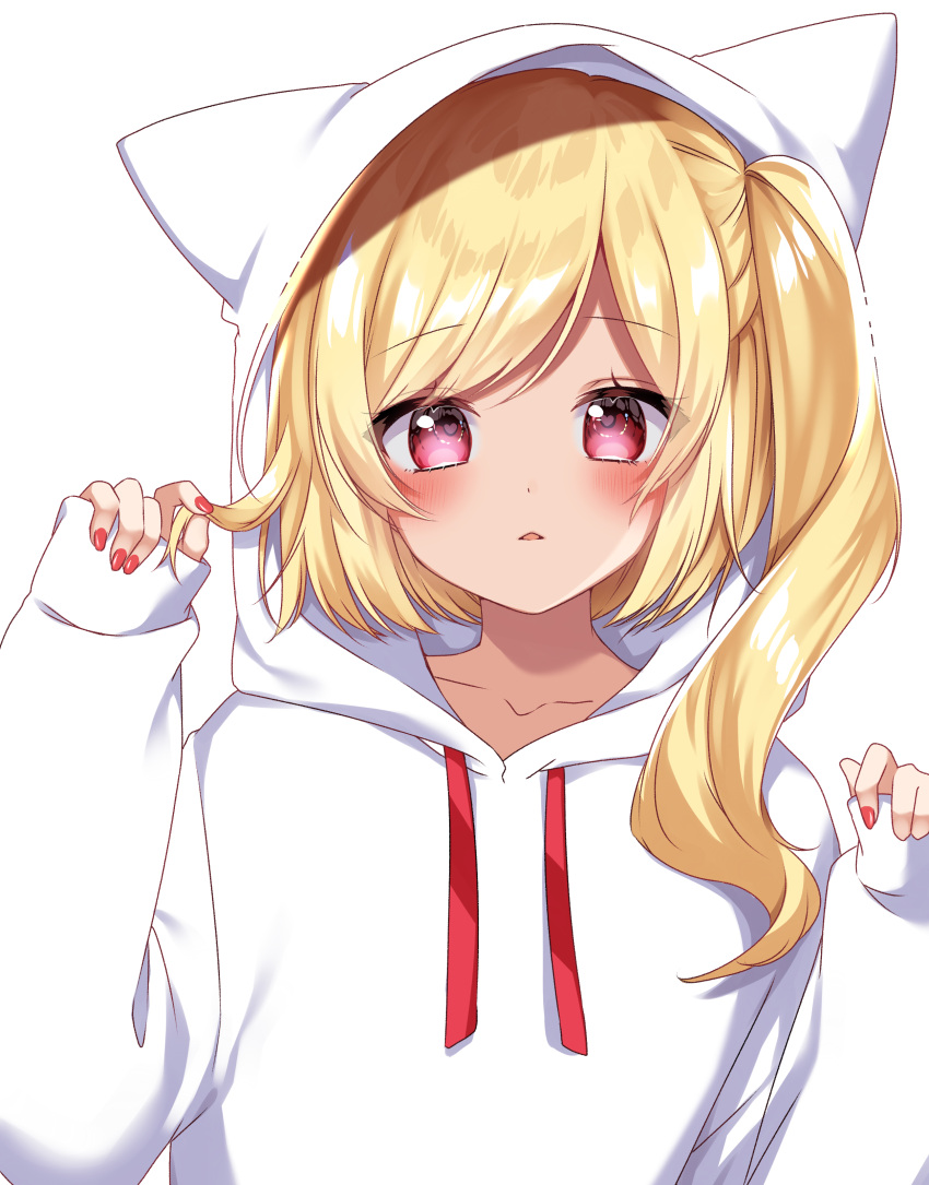 1girl absurdres alternate_costume blonde_hair blush collarbone contemporary drawstring eyebrows_visible_through_hair flandre_scarlet highres hood hood_up hoodie nail_polish one_side_up parted_lips red_eyes red_nails shiki_(s1k1xxx) simple_background sleeves_past_wrists solo touhou upper_body white_background white_hoodie