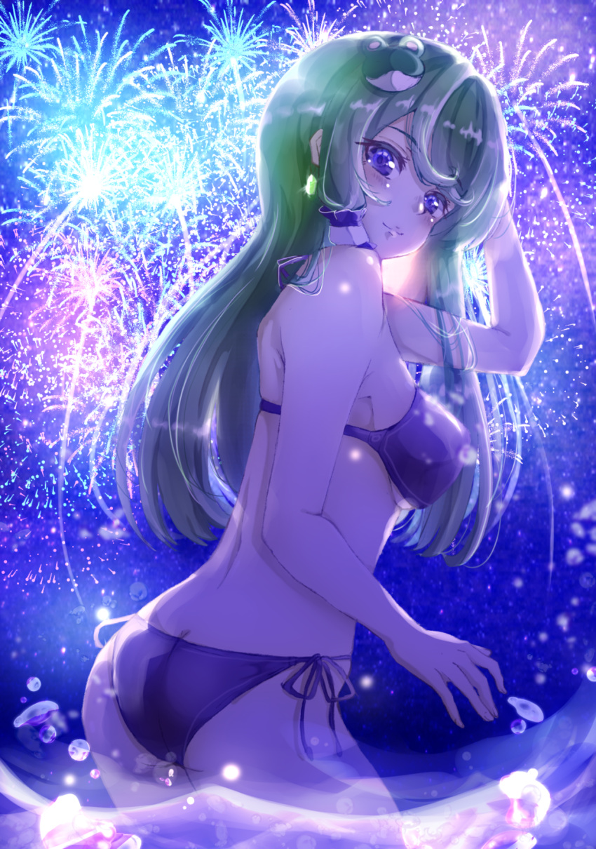 1girl aerial_fireworks alternate_costume arm_up back backlighting bangs bikini blue_background blue_eyes blue_sky blue_swimsuit blue_theme blush breasts closed_mouth commentary cowboy_shot crystal_earrings earrings fireworks frog_hair_ornament from_side glint green_hair gumi_(fwjn7284) hair_ornament hair_tubes hand_on_own_head highres jewelry kochiya_sanae large_breasts long_hair looking_at_viewer looking_to_the_side night partially_submerged senkou_hanabi side-tie_bikini sidelocks sky smile solo sparkler swept_bangs swimsuit swimwear touhou wading water water_drop