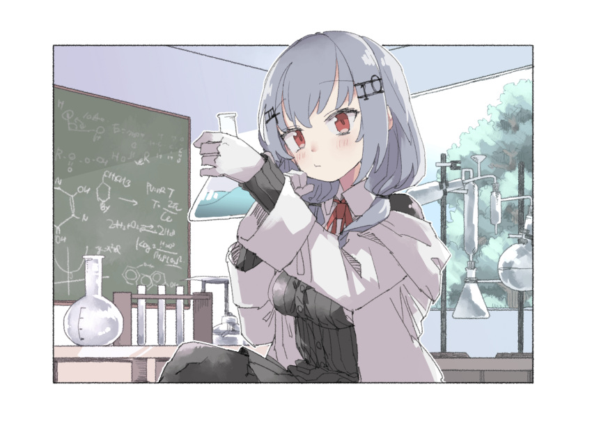 1girl black_sweater breasts chalkboard collared_shirt gloves grey_hair hair_ornament hakase_fuyuki highres holding_test_tube labcoat light_blush liquid math medium_breasts medium_hair nijisanji omochi_chowder red_eyes shirt sitting solo sweater tree twintails virtual_youtuber white_gloves window