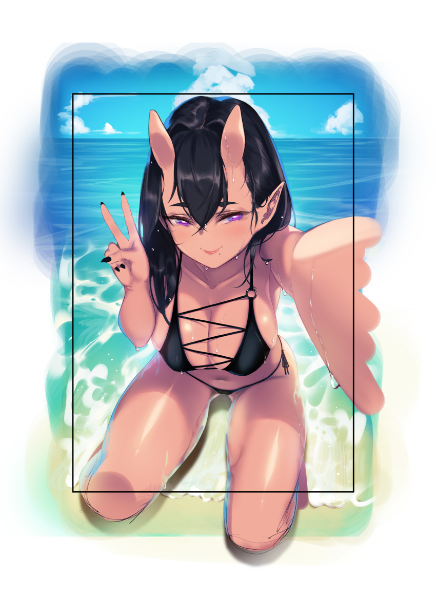 1girl bikini black_bikini blue_sky blueorca blush border closed_mouth clouds cloudy_sky collarbone dripping fingernails hair_between_eyes half-closed_eyes highres horns long_hair mole mole_under_mouth ocean oni oni_horns original outdoors pointy_ears self_shot sharp_fingernails sketch sky smile solo swimsuit v violet_eyes water wet