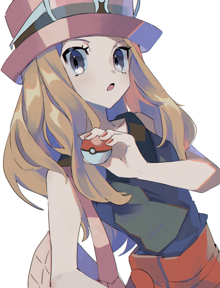 1girl :o bag black_shirt eyelashes grey_eyes handbag hat highres holding holding_poke_ball light_brown_hair long_hair looking_at_viewer moji_(ld_ipx) nail_polish open_mouth pink_bag pink_headwear poke_ball poke_ball_(basic) pokemon pokemon_(game) pokemon_xy red_nails red_skirt serena_(pokemon) shirt skirt sleeveless sleeveless_shirt solo symbol_commentary tongue