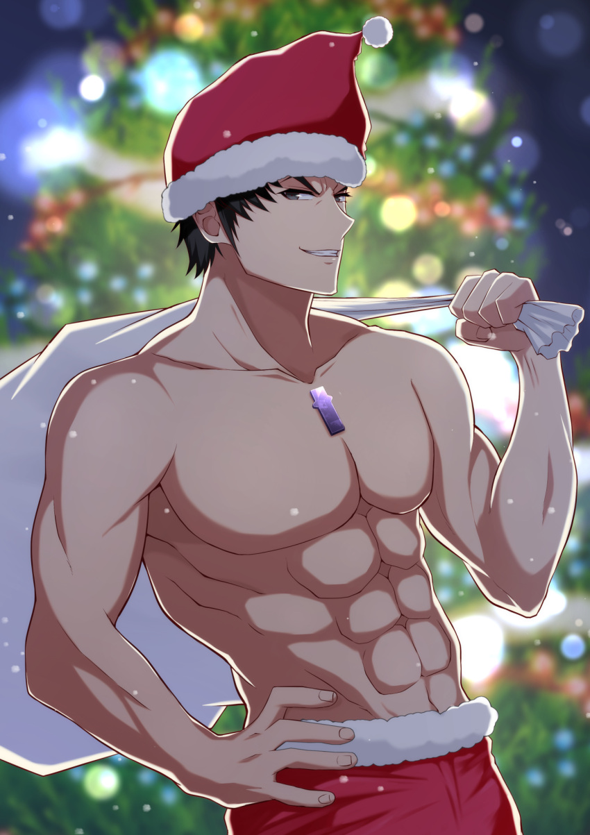 1boy :d abs black_eyes black_hair blurry blurry_background bobblehat carrying_over_shoulder chest_jewel christmas_tree collarbone cowboy_shot depth_of_field fur-trimmed_headwear fur-trimmed_pants grin hand_on_hip hat highres looking_at_viewer malos_(xenoblade) mebi_(mebieru) no_nipples open_mouth pants red_headwear red_pants sack santa_hat shirtless short_hair smile solo teeth upper_body v-shaped_eyebrows xenoblade_chronicles_(series) xenoblade_chronicles_2