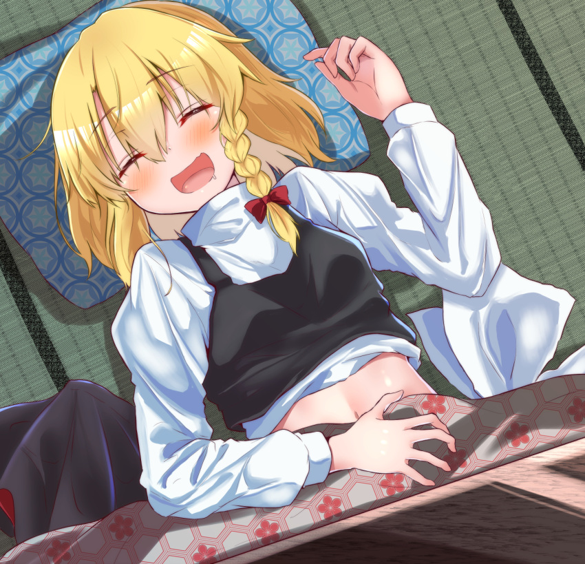 1girl black_vest blonde_hair blush braid closed_eyes commentary_request drooling eyebrows_visible_through_hair fang hat hat_removed headwear_removed highres kirisame_marisa kotatsu long_sleeves midriff mukkushi open_mouth pillow saliva shirt side_braid single_braid skin_fang sleeping solo table tatami touhou under_kotatsu under_table vest white_shirt