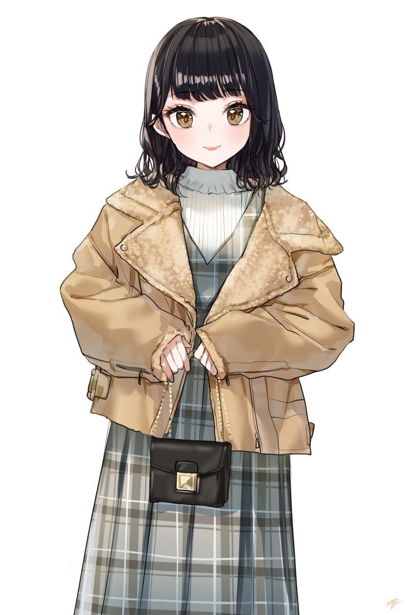 1girl absurdres bag bangs black_hair brown_eyes brown_jacket closed_mouth commentary_request dress eyebrows_visible_through_hair grey_dress handbag highres holding holding_bag jacket long_hair long_sleeves open_clothes open_jacket original plaid plaid_dress pleated_dress shirt simple_background sleeves_past_wrists smile solo standing takenoko_no_you white_background white_shirt