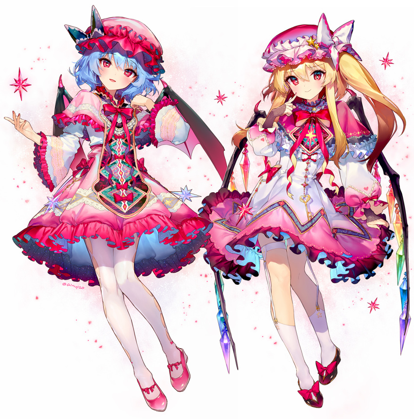 2girls ainy alternate_costume bangs bat_wings blonde_hair blue_hair blush bow bowtie closed_mouth commentary_request crystal dress eyebrows_visible_through_hair finger_to_mouth flandre_scarlet frills full_body gradient_dress hair_between_eyes hat hat_bow highres looking_at_viewer mob_cap multicolored multicolored_bow multicolored_clothes multicolored_dress multiple_girls one_side_up open_mouth pink_capelet pink_dress pink_footwear pink_headwear red_bow red_eyes red_neckwear remilia_scarlet shoe_bow shoes short_hair_with_long_locks siblings simple_background sisters smile touhou white_background white_bow white_legwear wide_sleeves wings
