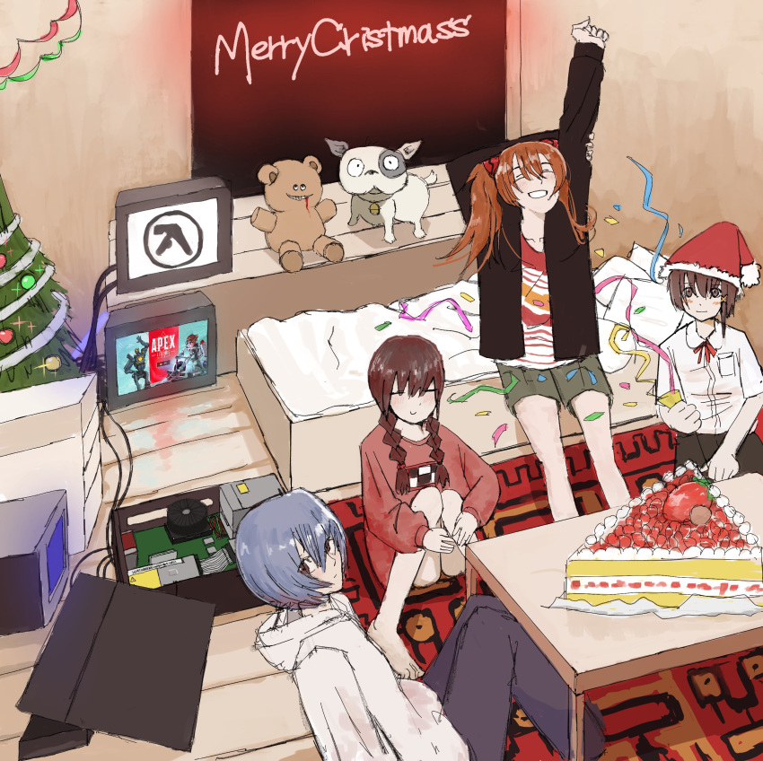 4girls :d =_= absurdres alternate_costume apex_legends asymmetrical_hair ayanami_rei barefoot bed blue_hair blush braid brown_eyes brown_hair cake casual christmas_tree closed_eyes computer crossover crt domain_(artist) english_commentary english_text food fruit hair_ornament hairclip half-life hat highres hood hoodie indoors iwakura_lain knees_together_feet_apart long_hair looking_at_viewer madotsuki merry_christmas mixed-language_commentary monitor multiple_girls neck_ribbon neon_genesis_evangelion on_bed open_mouth party_popper pathfinder_(apex_legends) red_ribbon ribbon rug santa_hat serial_experiments_lain short_hair short_sleeves shorts sitting sleeves_past_wrists smile souryuu_asuka_langley strawberry strawberry_shortcake stuffed_toy sweater yume_nikki