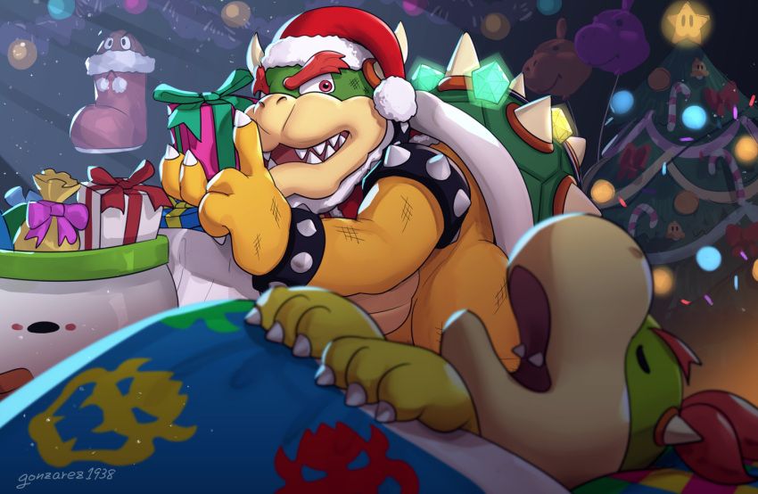 2boys balloon bowser bowser_jr. candy candy_cane christmas christmas_tree father_and_son finger_to_mouth food gift gonzarez hat koopa_clown_car super_mario_bros. multiple_boys nintendo santa_hat shushing sleeping super_bell
