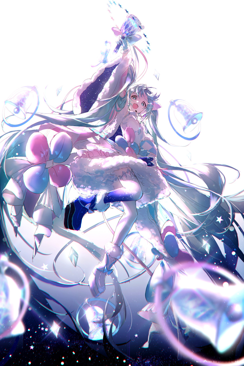 bell blue_eyes blue_hair from_below hair_ornament happy hatsune_miku highres lengchan_(fu626878068) long_hair looking_at_viewer magical_mirai_(vocaloid) smile tagme very_long_hair vocaloid white_background