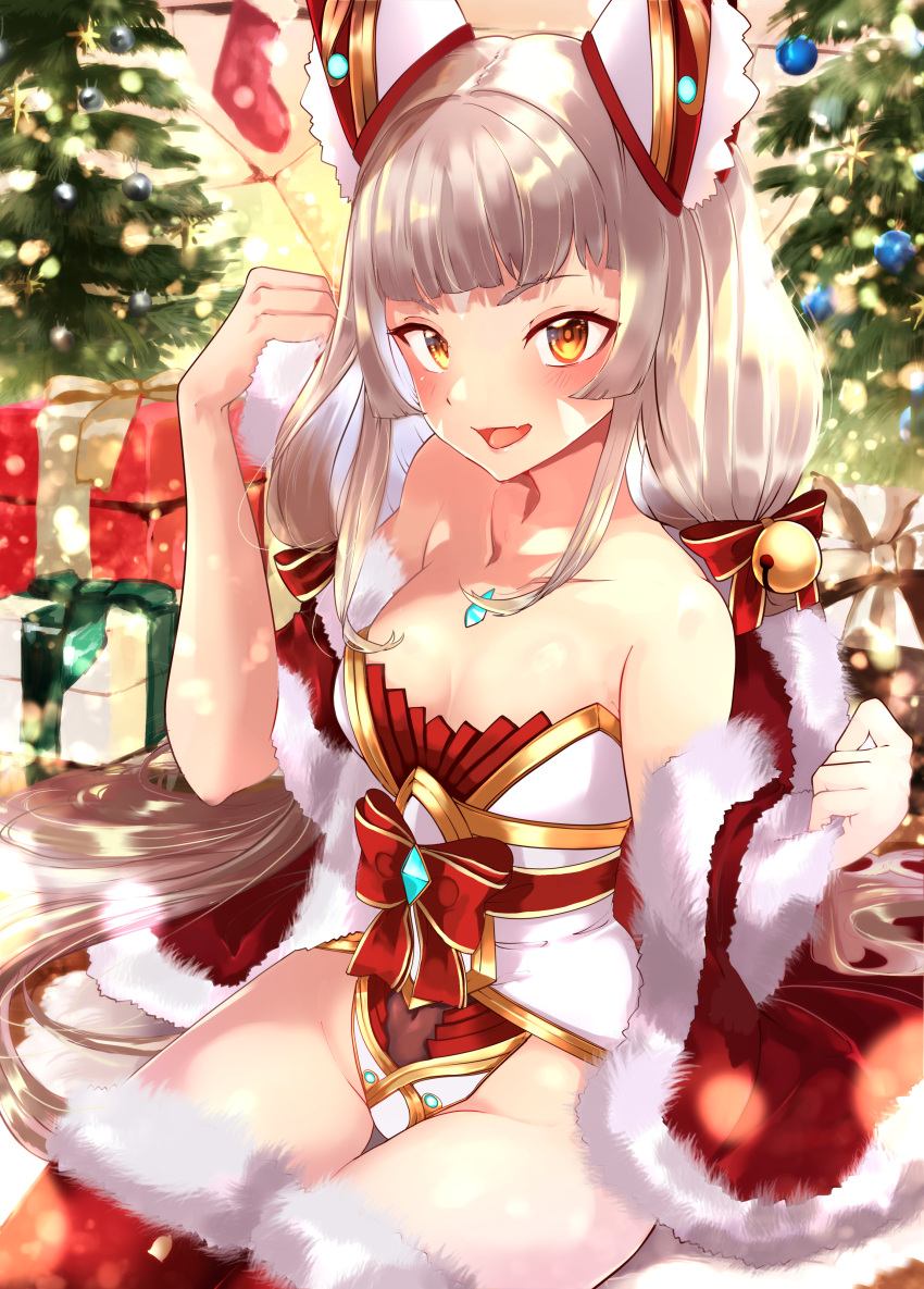 1girl absurdres animal_ears breasts cape cat_ears cat_girl christmas christmas_tree gift highres huge_filesize jewelry leotard nia nia_(xenoblade) risumi_(taka-fallcherryblossom) silver_hair small_breasts solo tree xenoblade_chronicles_(series) xenoblade_chronicles_2 yellow_eyes