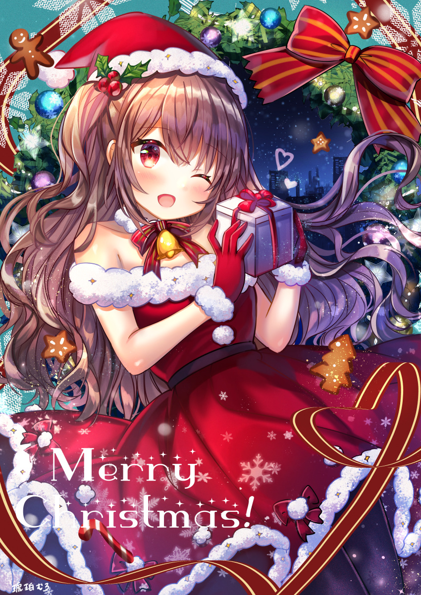 1girl ;d absurdres bangs bell black_legwear bow box brown_hair christmas commentary_request dress eyebrows_visible_through_hair fur-trimmed_dress fur-trimmed_gloves fur_trim gift gift_box gloves hair_between_eyes hands_up heart highres holding holding_gift huge_filesize idolmaster idolmaster_cinderella_girls kohaku_muro long_hair looking_at_viewer merry_christmas off-shoulder_dress off_shoulder one_eye_closed one_side_up open_mouth pantyhose red_bow red_dress red_eyes red_gloves santa_costume shimamura_uzuki smile solo striped striped_bow very_long_hair