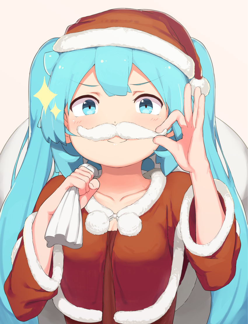 1girl abmayo absurdres aqua_eyes bangs blue_eyes blush breasts christmas collarbone commentary_request dress eyebrows_visible_through_hair fake_facial_hair fake_mustache fur-trimmed_headwear fur-trimmed_sleeves fur_trim hands_up hat hatsune_miku highres holding long_hair long_sleeves looking_at_viewer red_dress sack santa_costume santa_hat simple_background small_breasts smile solo twintails upper_body vocaloid