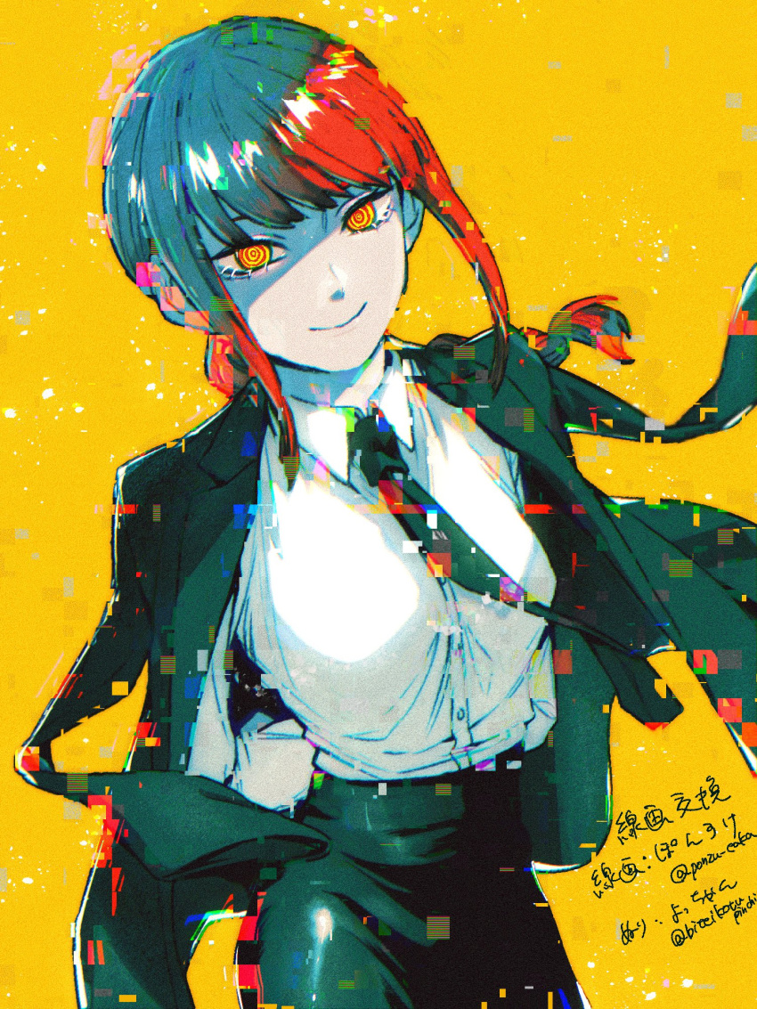 1girl arms_behind_back bangs biteikotupinchi black_jacket black_neckwear black_pants braid braided_ponytail breasts brown_hair business_suit chainsaw_man formal highres jacket jacket_on_shoulders light_smile long_hair long_jacket looking_at_viewer makima_(chainsaw_man) medium_breasts necktie pants ringed_eyes shirt shirt_tucked_in smile solo suit twitter_username white_shirt yellow_background yellow_eyes