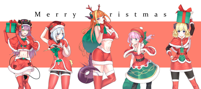 2ndeminence 5girls :&gt; :t absurdres amane_kanata antlers arms_up belt beret bibi_(tokoyami_towa) black_legwear blonde_hair bow box_on_head capelet cowboy_shot crop_top demon_tail dragon_horns dragon_tail dress elbow_gloves fur-trimmed_arm_warmers fur-trimmed_capelet fur-trimmed_crop_top fur-trimmed_gloves fur-trimmed_jacket fur-trimmed_legwear fur_trim gift gloves green_bow green_eyes grin hand_in_hair hand_on_headwear hand_on_hip hand_to_own_mouth hat highres himemori_luna holding holding_gift holding_sack hololive horns jacket kiryuu_coco long_hair looking_at_another looking_at_viewer looking_to_the_side medium_hair merry_christmas midriff motion_blur multicolored_hair multiple_girls navel pantyhose parted_lips pink_eyes pink_hair purple_hair red_bandeau red_dress red_eyes red_gloves red_skirt reindeer_antlers sack santa_costume santa_dress santa_gloves santa_hat sheep_horns short_hair_with_long_locks silver_hair simple_background skirt smile streaked_hair tail tail_slapping thigh-highs thighhighs_over_pantyhose thighs tokoyami_towa tsunomaki_watame tsurime very_long_hair violet_eyes virtual_youtuber zettai_ryouiki