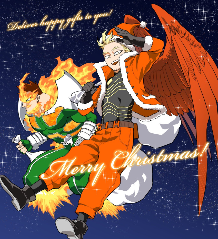 2boys alternate_costume armor bodysuit boku_no_hero_academia christmas covered_abs english_text facial_hair feathered_wings fire floating full_body gift_bag green_bodysuit hat hawks_(boku_no_hero_academia) highres looking_to_the_side male_focus merry_christmas multiple_boys muscular muscular_male orange_pants pain-lucky777 pauldrons pectorals red_wings salute santa_costume santa_hat short_hair shoulder_armor sideburns sky star_(sky) starry_sky stubble todoroki_enji wings