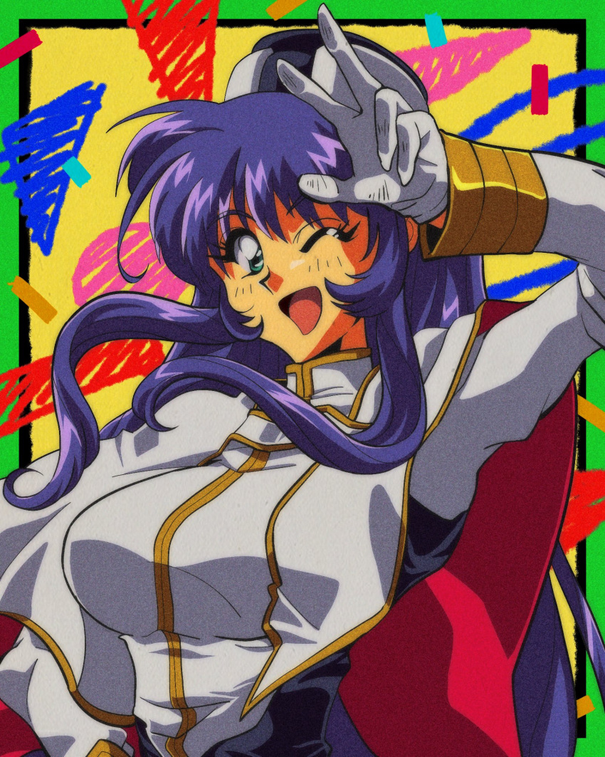 1990s_(style) 1girl bangs blue_eyes blue_hair breasts capelet eyebrows_visible_through_hair film_grain gloves hat highres kidou_senkan_nadesico medium_breasts military military_uniform misumaru_yurika one_eye_closed open_mouth potiri02 smile solo uniform v white_gloves white_headwear