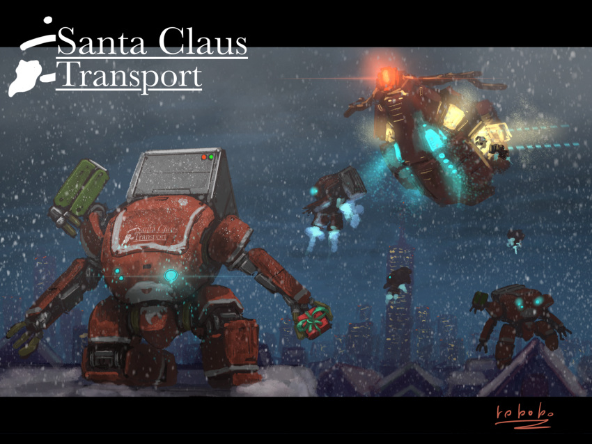 aircraft airship blue_eyes bottoms1237 christmas city claws extra_eyes flying glowing glowing_eyes highres looking_down mecha original science_fiction superhero_landing