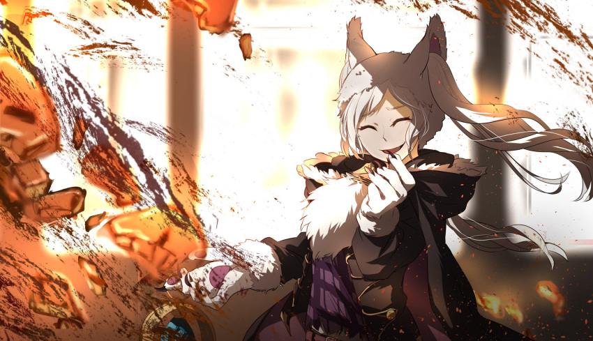 1girl animal_ears belt closed_eyes fe_erre fire_emblem fire_emblem_awakening fire_emblem_heroes fur_trim gloves grima_(fire_emblem) halloween_costume highres long_sleeves open_mouth paw_gloves paws robin_(fire_emblem) robin_(fire_emblem)_(female) solo twintails upper_body white_hair wolf_ears