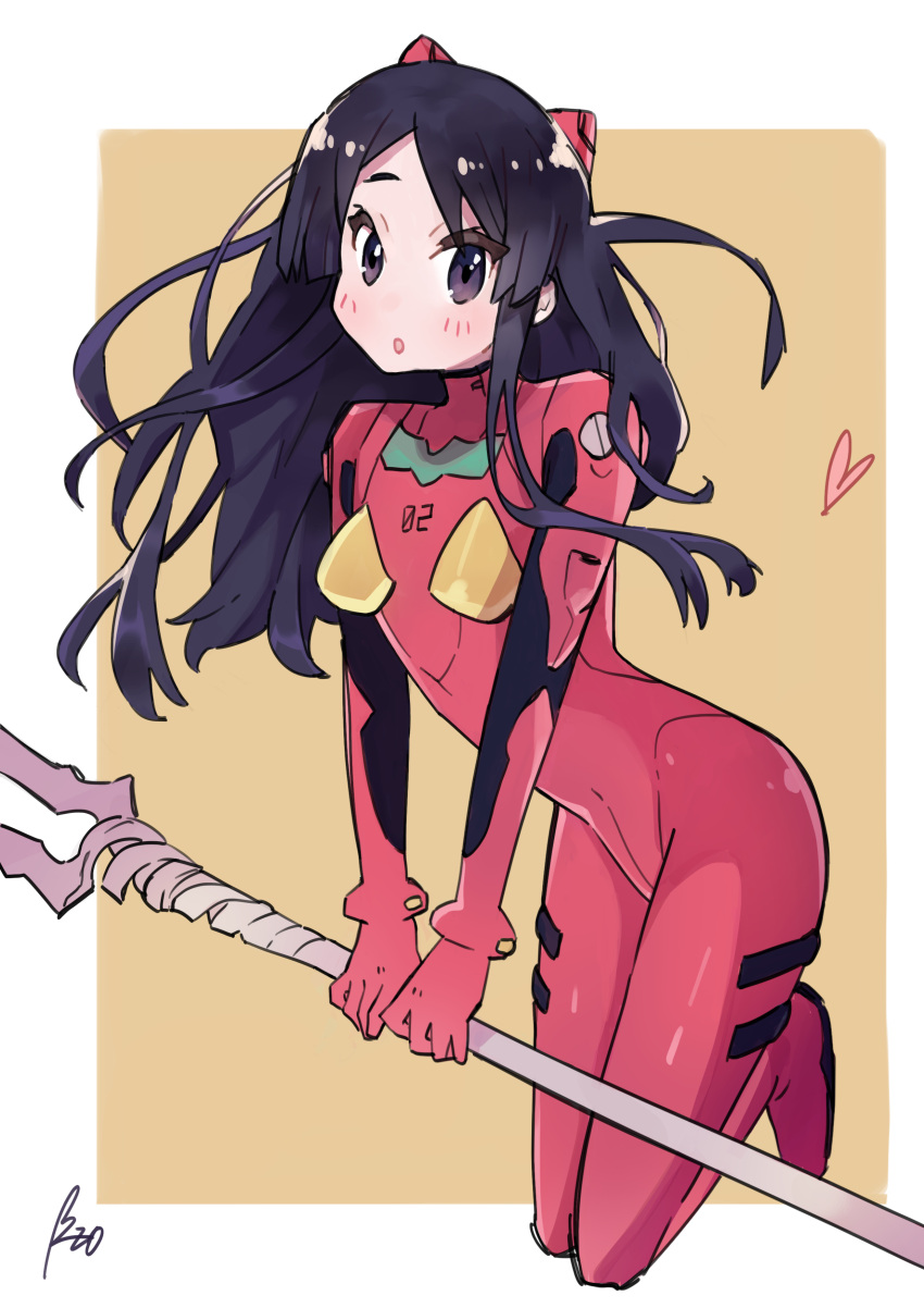 1girl :o absurdres akiyama_mio black_eyes black_hair blush breasts cosplay covered_navel heart highres holding holding_lance holding_polearm holding_weapon interface_headset jumping k-on! lance lance_of_longinus lucabassiart neon_genesis_evangelion open_mouth pilot_suit plugsuit polearm skin_tight small_breasts solo souryuu_asuka_langley souryuu_asuka_langley_(cosplay) weapon