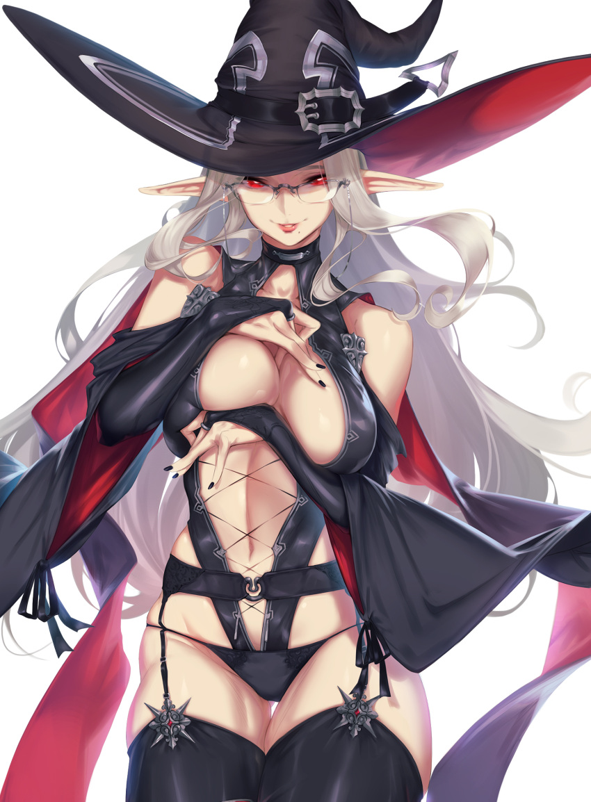 1girl bare_shoulders black_headwear black_legwear black_nails black_panties blueorca breasts bridal_gauntlets cropped eyes_visible_through_hair fingernails garter_belt glasses grey_hair hat highres long_hair mole mole_under_mouth navel original panties parted_lips pink_lips pointy_ears red_eyes simple_background skindentation smile solo underwear white_background witch witch_hat