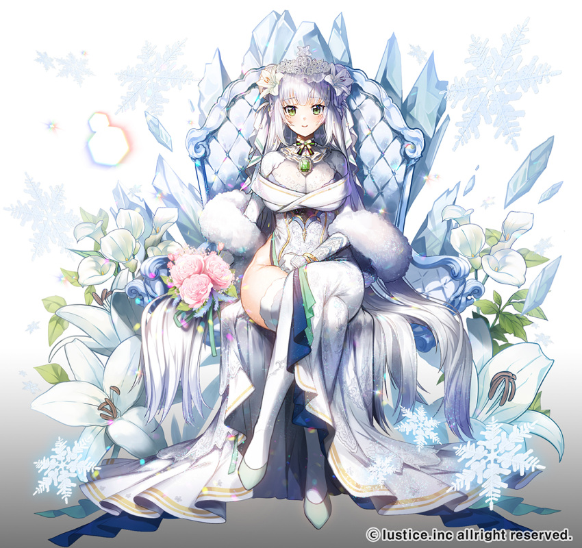 1girl apple_caramel bangs blush brooch company_name crossed_legs crystal flower full_body gloves gradient gradient_background ice jewelry lily_(flower) long_hair official_art silver_hair simple_background sitting smile snowflakes thigh-highs throne tiara white_gloves white_legwear