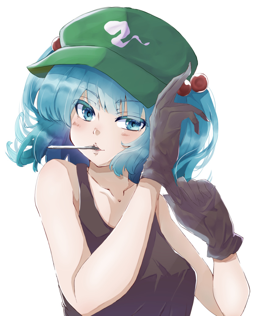 1girl absurdres adjusting_clothes adjusting_gloves alternate_costume arm_up bangs bare_arms black_gloves black_tank_top blue_eyes blue_hair breasts collarbone commentary eyebrows_visible_through_hair flat_cap glove_pull gloves green_headwear gumi_(fwjn7284) hair_bobbles hair_ornament hand_on_headwear hand_up hat highres hitodama_print kawashiro_nitori light_blush mouth_hold putting_on_gloves short_hair short_twintails sidelocks simple_background small_breasts solo tank_top touhou twintails upper_body white_background