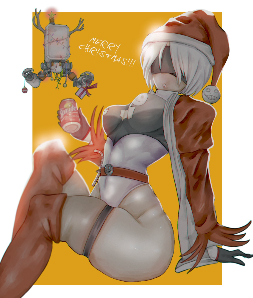 1girl :o adapted_costume black_blindfold black_gloves blindfold can christmas_lights christmas_ornaments english_text gloves hat highres horns juliet_sleeves lips long_sleeves nier_(series) nier_automata ornament pod_(nier_automata) puffy_sleeves red_legwear santa_costume santa_hat short_hair soda_can sprite_(drink) star_(symbol) stormyorha thigh-highs thighs white_hair yorha_no._2_type_b