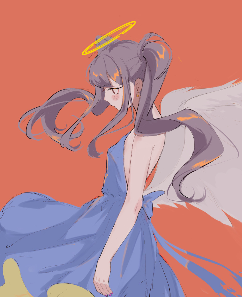 1girl absurdres angel angel_wings bare_shoulders blue_dress blush dress earrings halo highres hoshizora jewelry light_purple_hair long_hair low_wings nail_polish orange_background original parted_lips purple_nails red_eyes simple_background single_earring sketch solo twintails wings