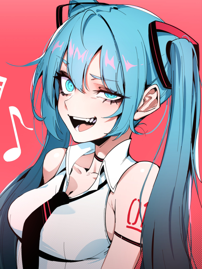 1girl :d absurdres bare_shoulders blue_eyes blue_hair breasts hair_between_eyes half-closed_eye hatsune_miku highres j.k. long_hair looking_at_viewer musical_note necktie open_mouth red_background simple_background sleeveless smile solo teeth twintails vocaloid