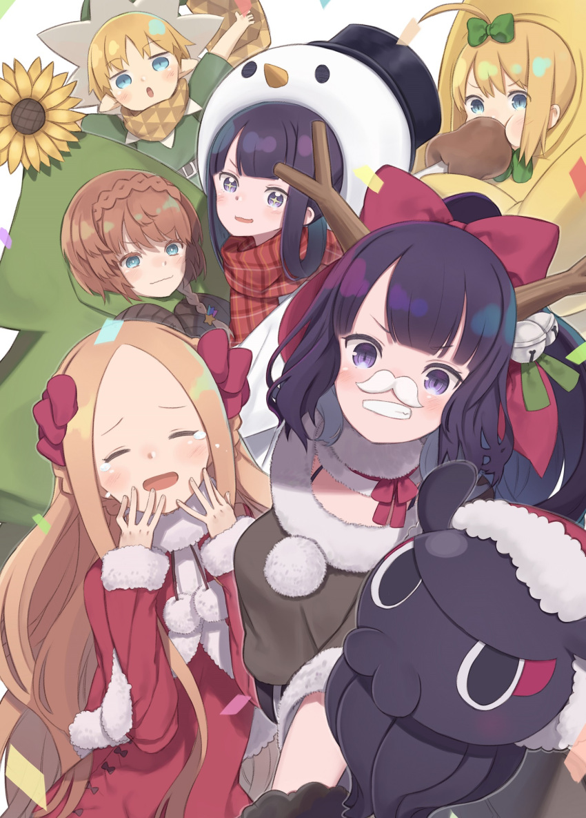 1boy 5girls :d abigail_williams_(fate/grand_order) ahoge animal artoria_pendragon_(all) bangs bell blonde_hair blue_eyes blush boned_meat bow braid brown_hair christmas_tree_costume closed_eyes commentary_request crown_braid crying dress eating facing_viewer fake_facial_hair fake_mustache fate/grand_order fate/requiem fate_(series) flower food forehead fur-trimmed_headwear fur-trimmed_sleeves fur_trim green_bow green_shirt grey_eyes grin hair_bell hair_bow hair_ornament hair_rings hands_up hat highres jingle_bell katsushika_hokusai_(fate/grand_order) katsushika_hokusai_(swimsuit_saber)_(fate) long_hair long_sleeves looking_at_viewer meat multiple_girls mysterious_heroine_xx_(foreigner) octopus open_mouth outstretched_arms parted_bangs purple_hair red_dress red_headwear santa_costume santa_hat shirt short_sleeves sleeves_past_wrists smile snowman_costume sunflower tears tokitarou_(fate/grand_order) totatokeke van_gogh_(fate) very_long_hair violet_eyes voyager_(fate/requiem) white_background yang_guifei_(fate/grand_order) yellow_flower