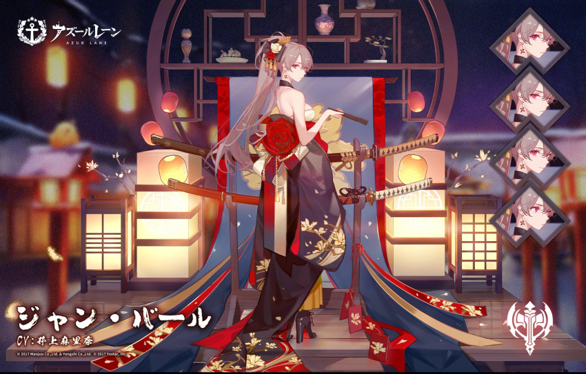 1girl ask_(askzy) azur_lane backless_outfit bare_shoulders black_footwear breasts earrings expressions fan flower folding_fan full_body high_heels highres holding holding_fan jean_bart_(azur_lane) jewelry katana long_hair looking_at_viewer looking_back medium_breasts official_art red_flower sheath sheathed solo sword tagme vichya_dominion_(emblem) violet_eyes weapon