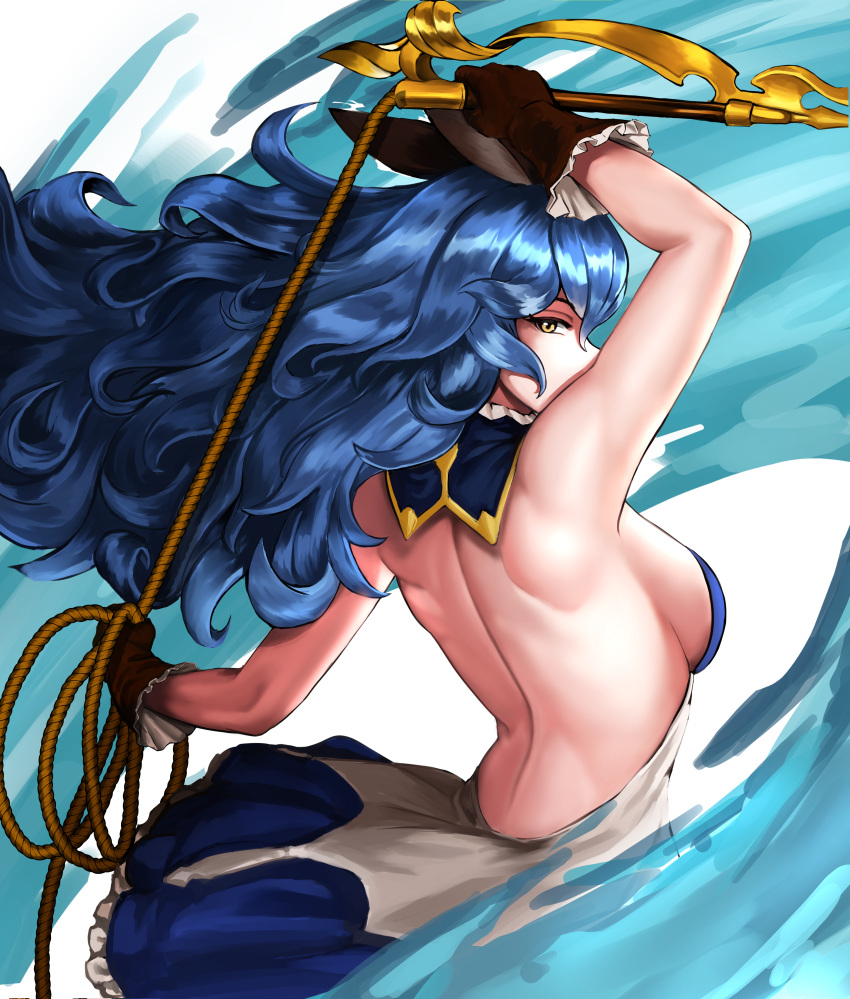 1girl absurdres back bare_back bare_shoulders blue_hair blue_skirt breasts brown_gloves commentary_request erune ferry_(granblue_fantasy) gloves granblue_fantasy highres holding holding_whip korean_commentary long_hair looking_at_viewer looking_back medium_breasts narcur sideboob skirt solo whip yellow_eyes